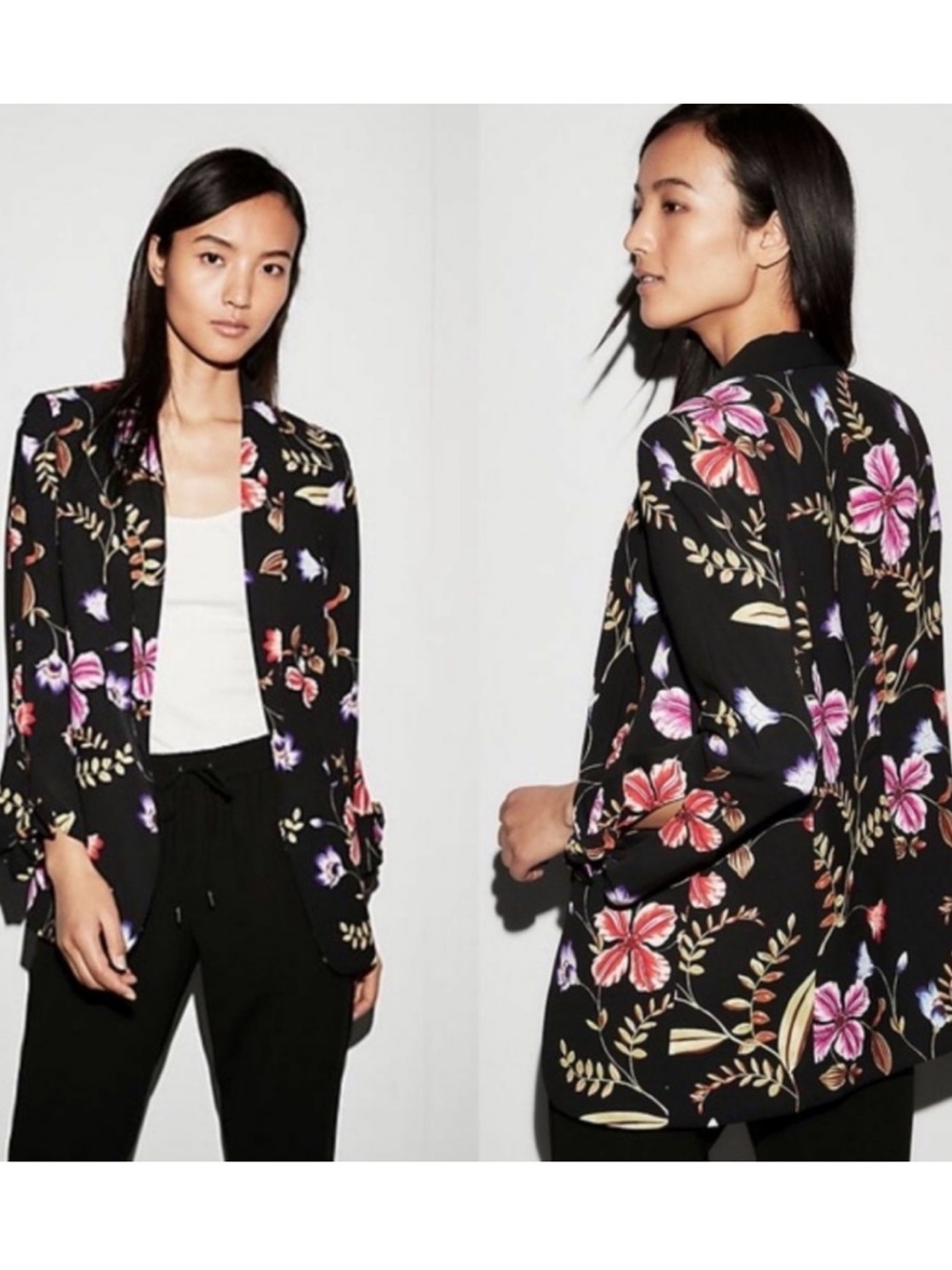 Express Black Floral Boyfriend Blazer Jacket Open Front, Women's Medium